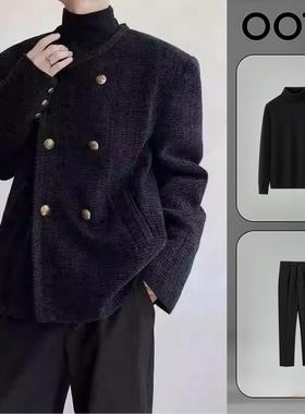 春秋冬季高级感韩版时尚套装短款小香风毛呢西服男士编织法式外套