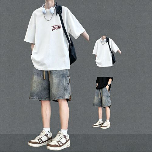 夏季男生短袖T恤牛仔短裤套装
