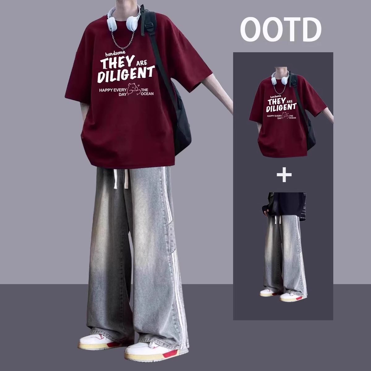 美式高街纯棉短袖t恤男生套装