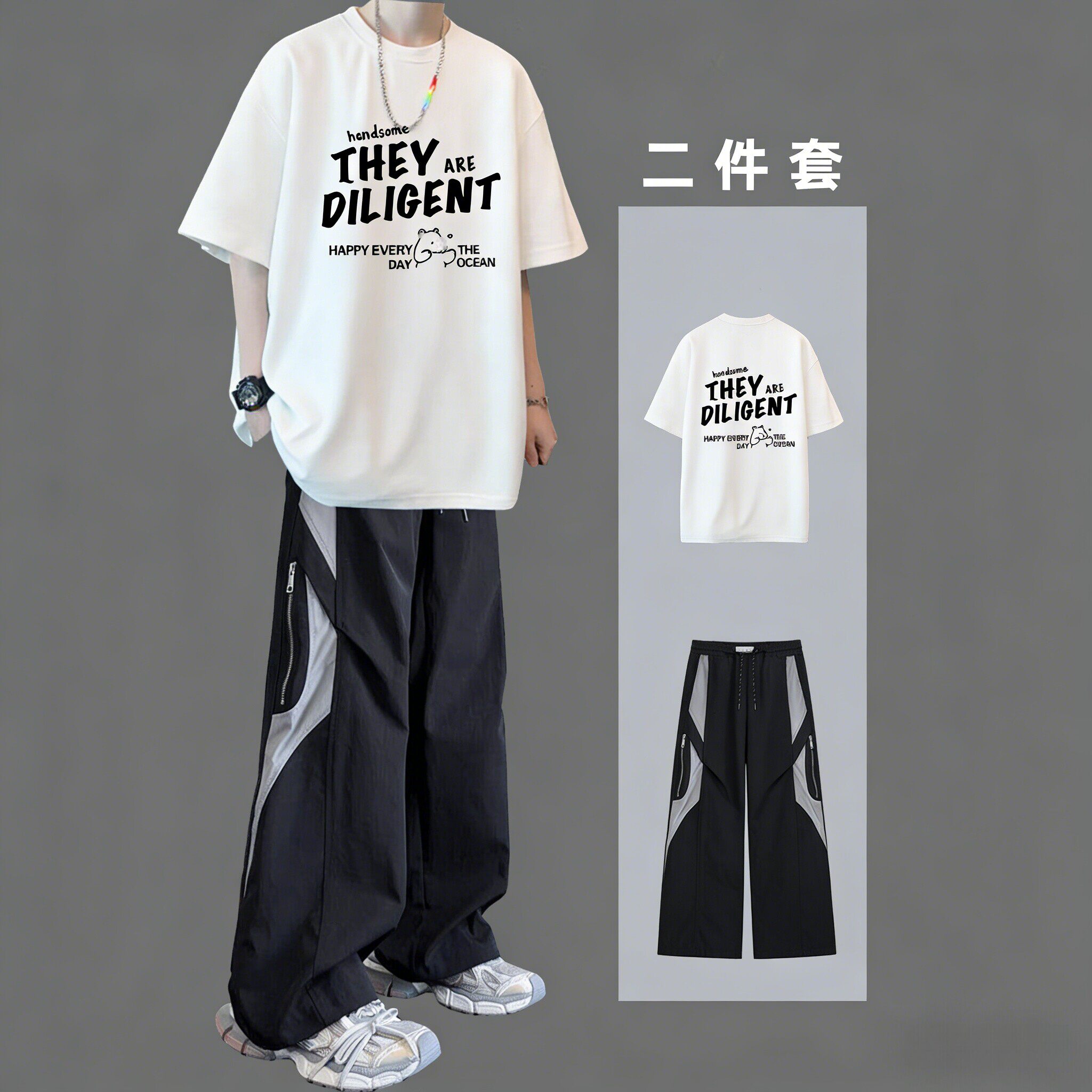 纯棉短袖t恤男生夏季休闲运动服套装青少年帅气初中高中学生潮流