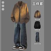 夹克套装 暗纹设计个性 三件套春秋季 短款 小众美式 复古皮衣外套男士