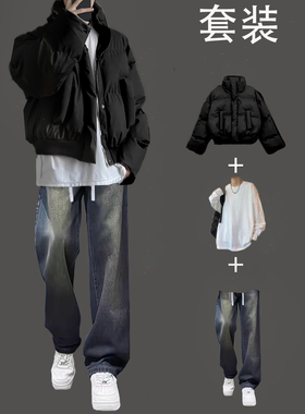 美式高街pu皮棉衣男款套装冬季短款面包服高级感小众设计棉服外套