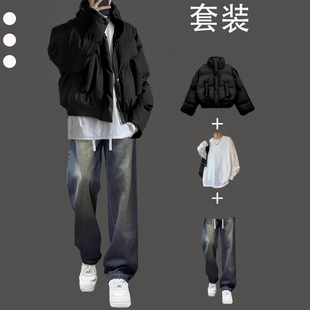 短款 美式 冬季 套装 面包服高级感小众设计棉服外套 高街pu皮棉衣男款