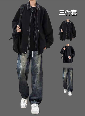 美拉德假两件夹克套装男生春秋冬季2025新款潮流夹棉棉服外套休闲