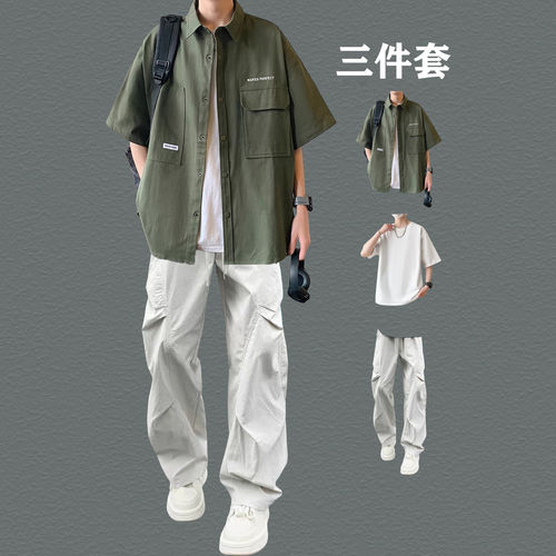 日系短袖衬衫男夏季青少年潮流学生休闲穿搭显高套装男装一套搭配