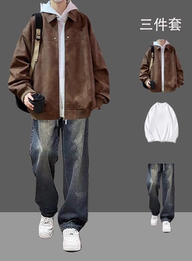 美式潮牌pu皮飞行夹克男春秋套装宽松复古高级感痞帅翻领皮衣外套