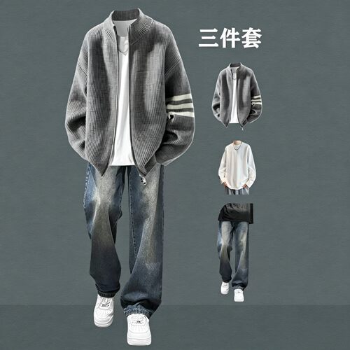 老钱风复古针织毛衣开衫三件套男