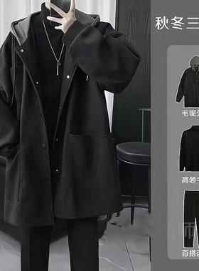 假两件连帽呢子外套男生套装加厚潮流帅气港风宽松毛呢大衣中长款