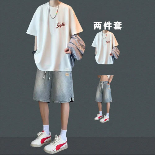 夏季男生纯棉短袖牛仔短裤两件套