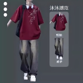 一整套搭配宽松国潮半袖 新中式 体恤 夏季 套装 国风竹子短袖 t恤男士