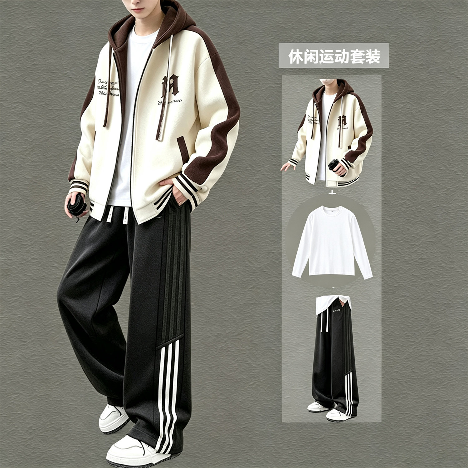 休闲运动服套装男生春秋季连帽撞色开衫卫衣青少年帅气潮流三件套