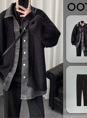 套装男士穿搭春秋季假两件毛衣外套痞帅潮流休闲男装一套搭配帅气