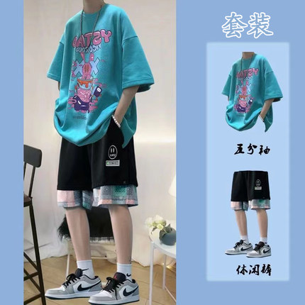 短袖短裤男生套装夏季痞帅气嘻哈青少年休闲男装网红炸街两件套潮
