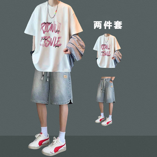 夏季纯棉短袖港风痞帅男套装