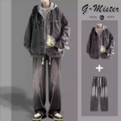 美式 假两件连帽牛仔外套男套装 春秋款 街头复古青少年夹克小众设计