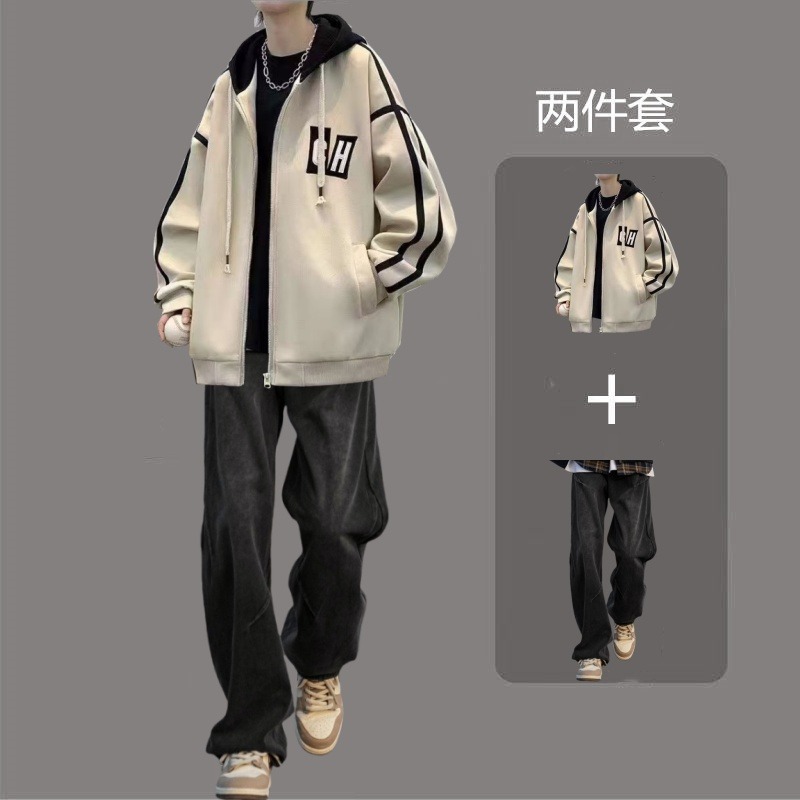 痞帅穿搭男生套装春秋学生外套青少年男装帅气潮流冬季加绒棒球服