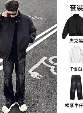 美式飞行员夹克男士套装春秋正肩工装外套立领cleanfit短款棒球服