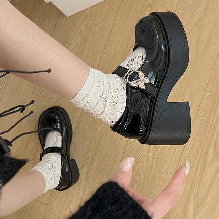 黑色粗跟厚底小皮鞋女2025春季新款百搭jk配裙子高跟法式玛丽珍鞋