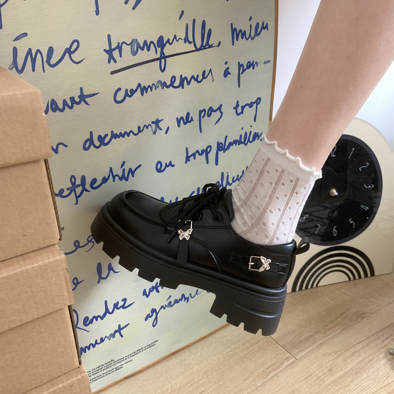 圆头厚底小皮鞋女配裙子系带单鞋