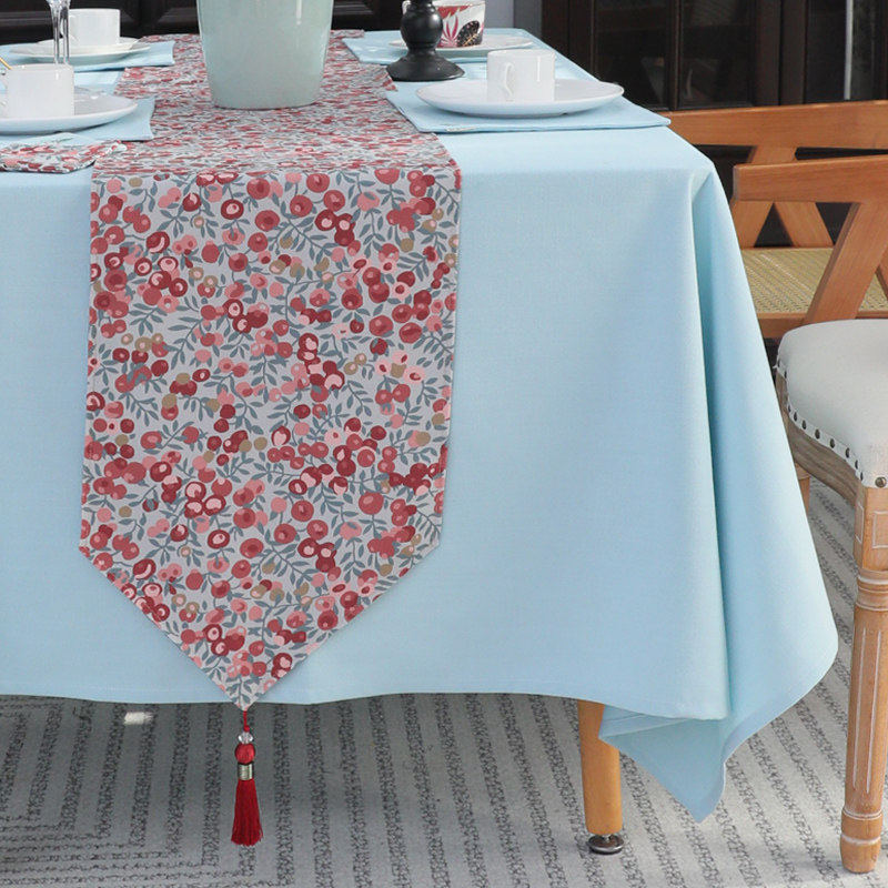 美式田园风小碎花桌布hg台布餐桌垫流苏装饰长方形桌布浅蓝纯色