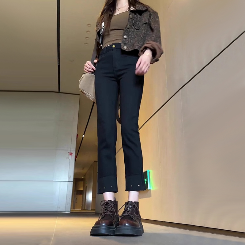 黑色窄版直筒牛仔裤女2025年春季新款高腰显瘦九分小个子烟管裤