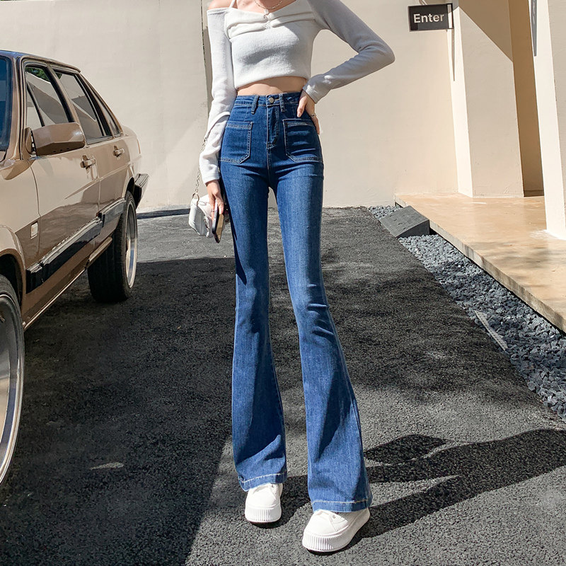 复古蓝微喇叭牛仔裤女2025年春秋新款韩版高腰显瘦小个子马蹄长裤