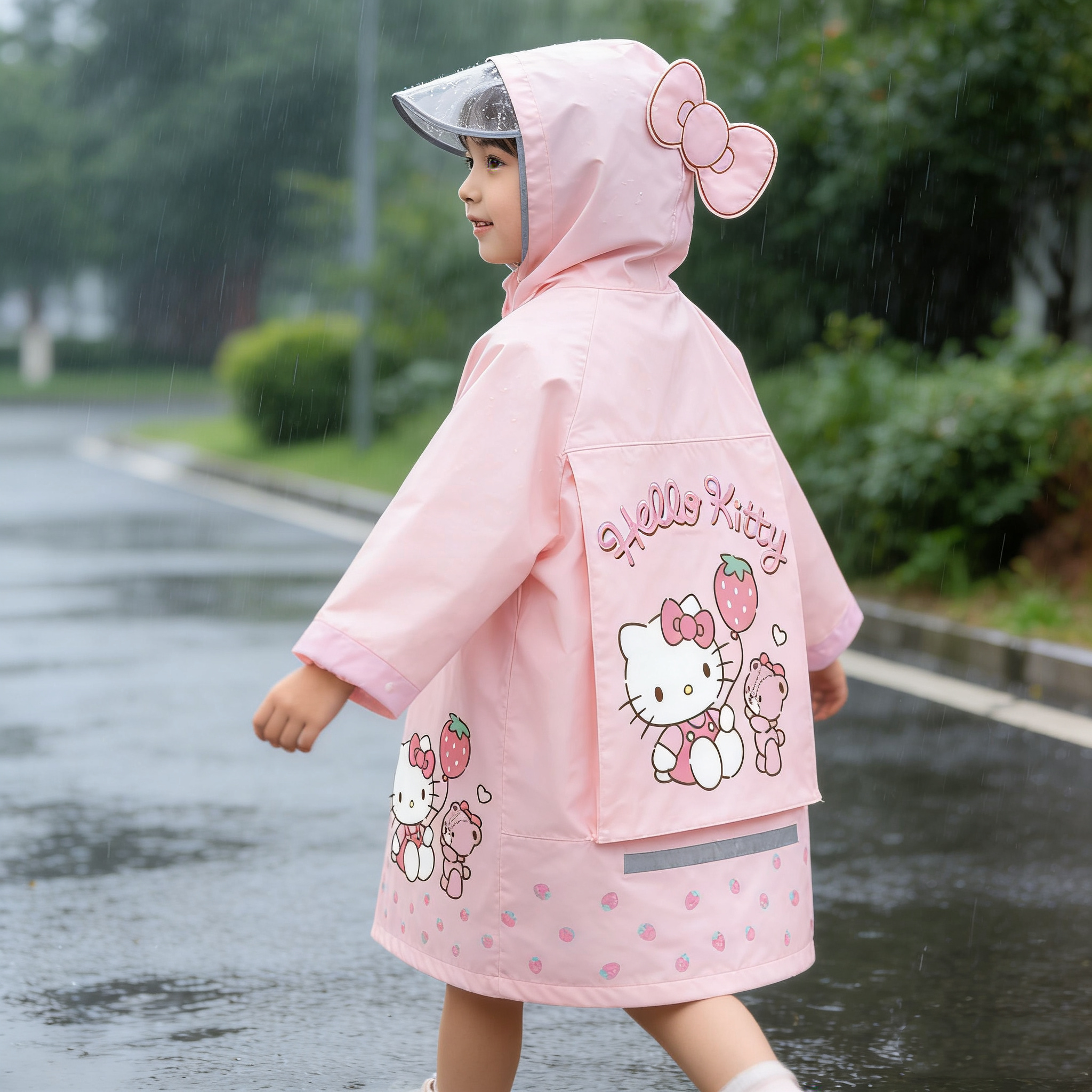 正版授权三丽鸥儿童雨衣女童大帽檐凯蒂猫带书包位雨披学生防水衣