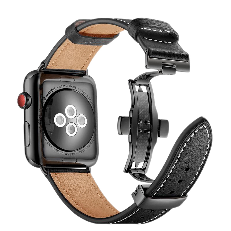 适用applewatch ultra4苹果3真皮S12/11手表带S9/8/7蝴蝶扣牛皮iwatch SE智能6/5/4替换1/2/3代运动配件
