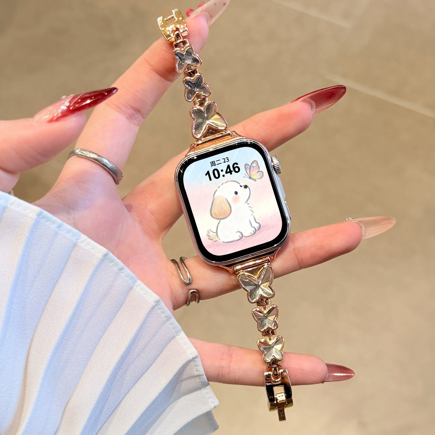适用vivo watch gt2手表带三只蝴蝶链式腕表带vivo watch gt运动iqoo智能GT2代金属轻奢高级感女生夏季表链