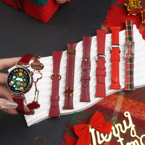 适用华为GT6手表带18mm新年圣诞红色真皮腕表带watchgt6pro运动watch5智能GT5女生4秋冬watch4pro高级buds