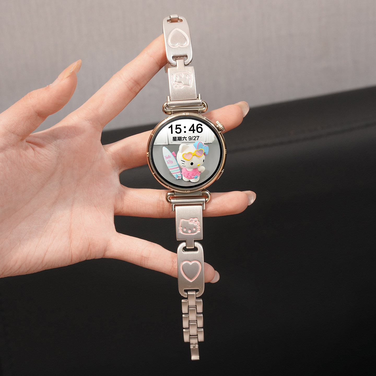 适用华为GT6手表表带watchgt6锌合金可爱小猫gt5智能腕表watch5女款夏季透气gt5pro42高级链GT4女士配件链