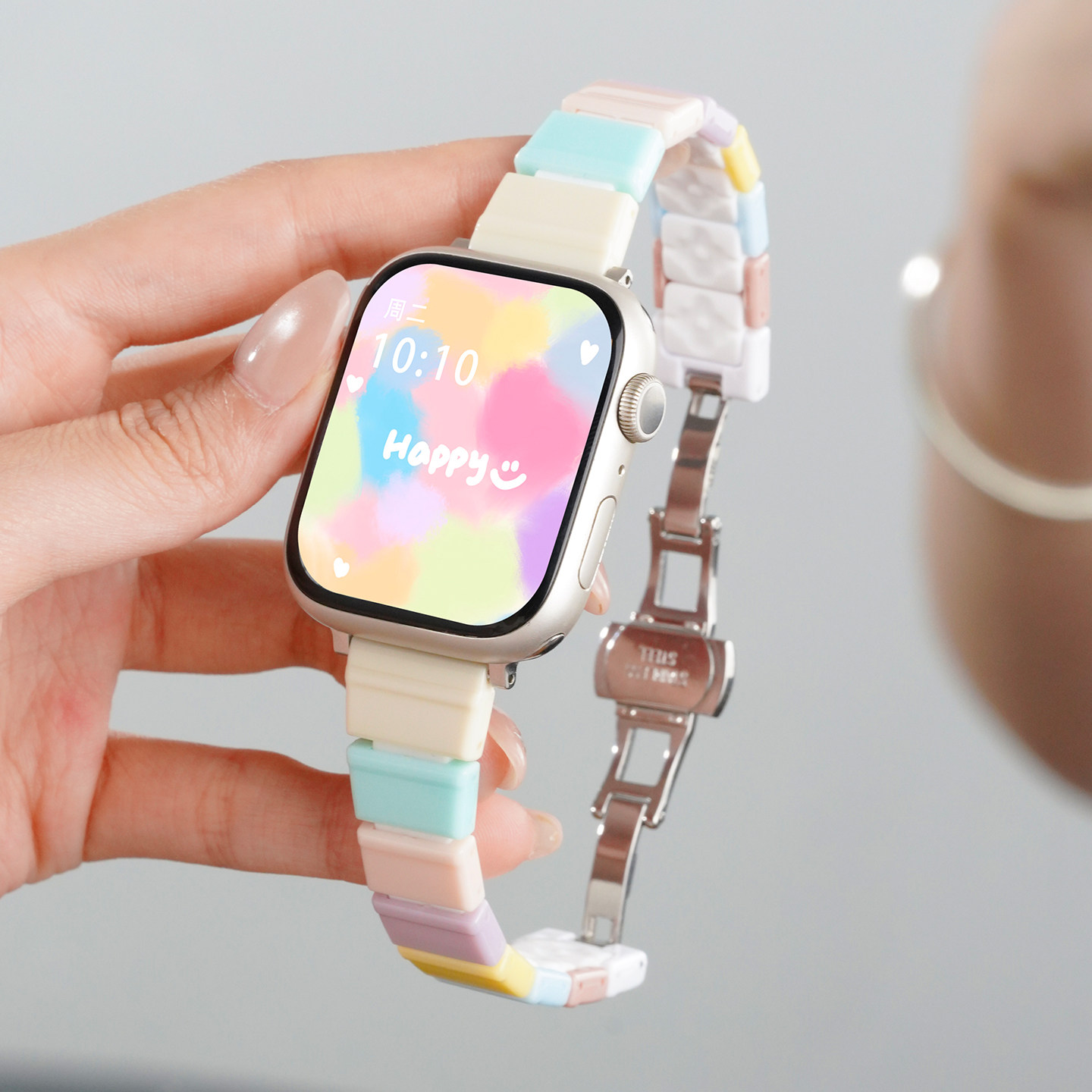 适用苹果手表表带iwatchs11亚克力硅胶applewatch s10智能腕表带s9一珠小蛮腰s8炫彩糖果色女生手链s仿树脂46