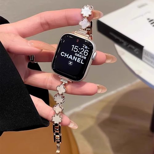 适用华为watchfit4手表带4pro手环fit3四叶草贝壳真皮链式腕表带fit2运动金属贝母智能fitnew女生表链秋冬