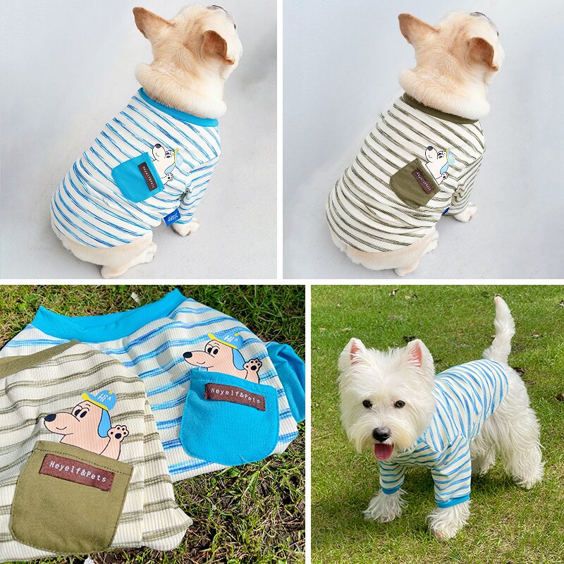 法斗巴哥斗牛犬衣服春秋新款雪纳瑞西高地比熊泰迪条纹短袖T恤潮