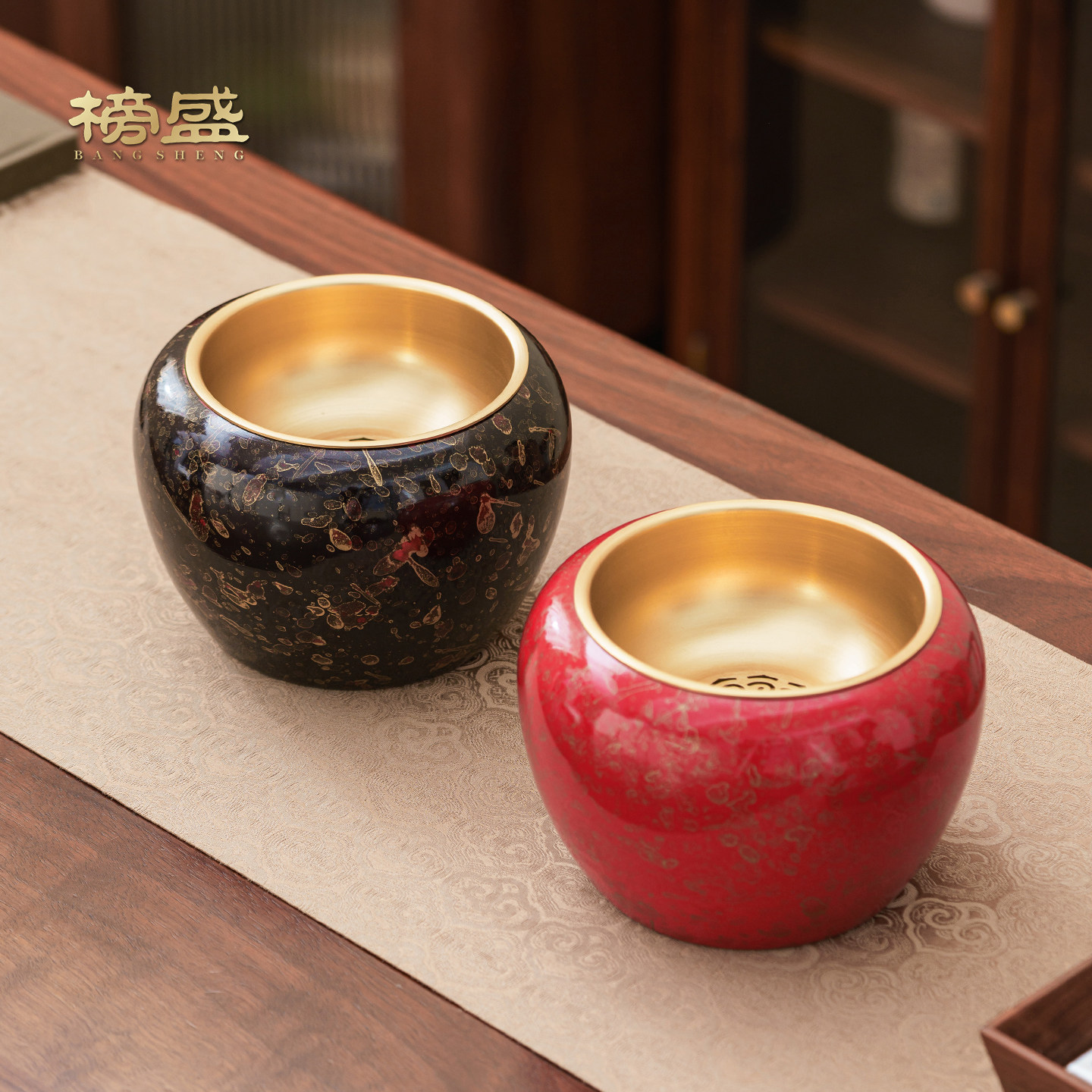 大漆纯黄铜茶渣缸带盖大容量茶洗建水高端中式茶叶废水缸茶具配件