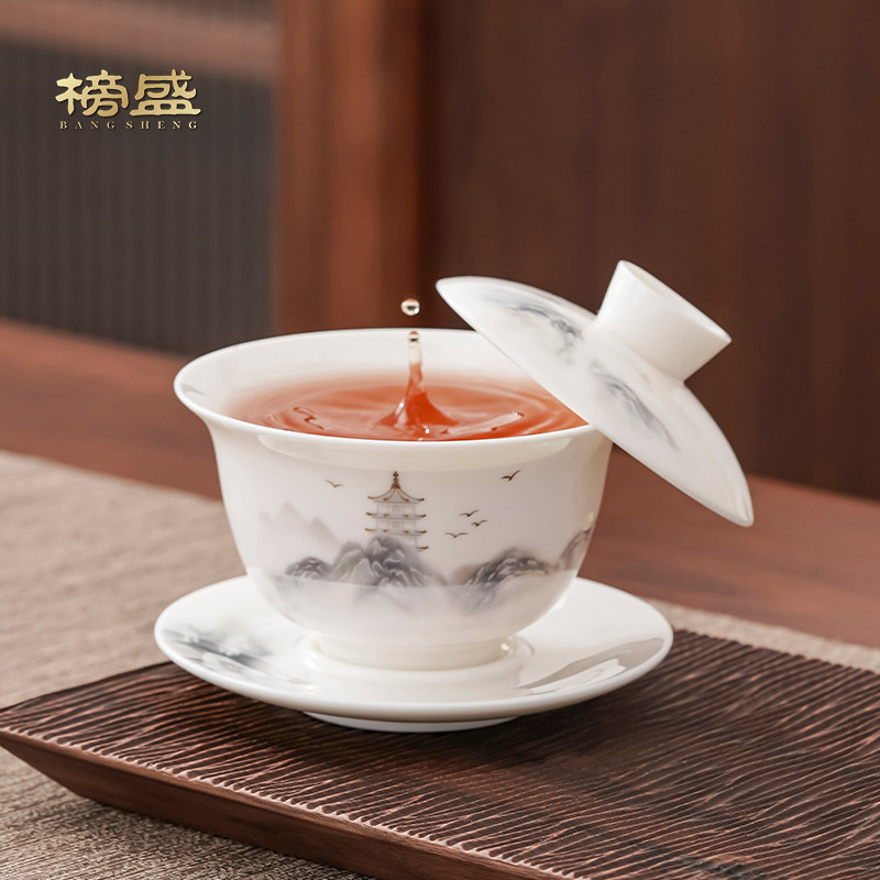 羊脂玉瓷悬停三才盖碗单个不烫手泡茶碗大容量家用陶瓷茶碗茶杯,餐饮具,盖碗,淘宝优惠券,粉丝福利购,淘宝优惠卷