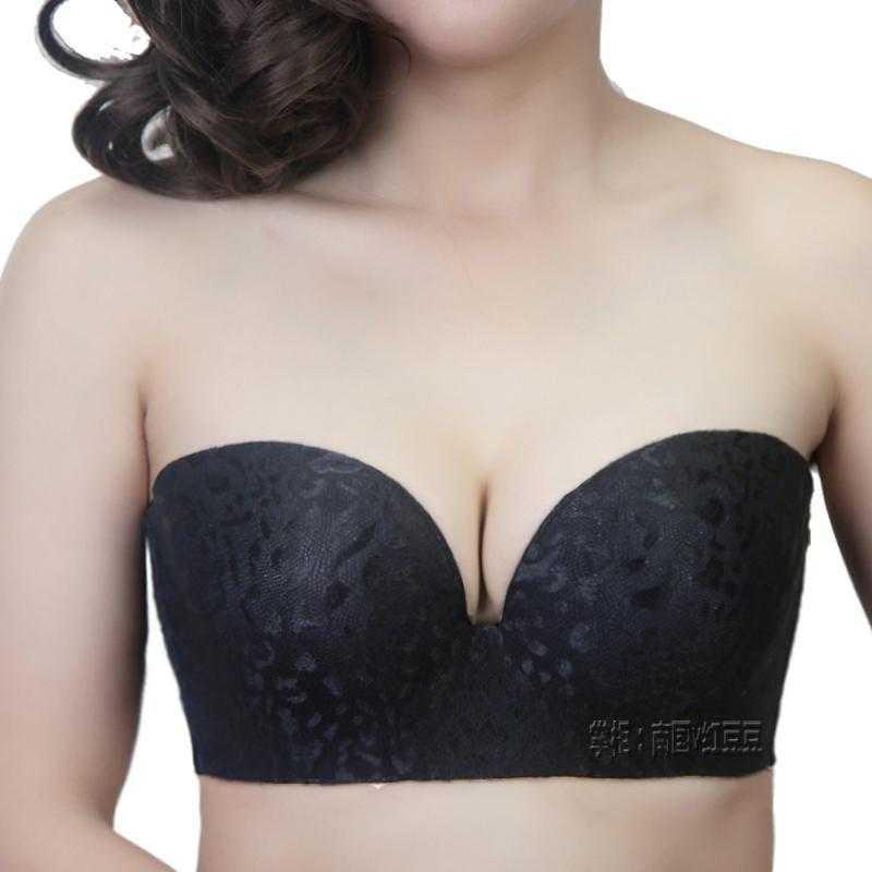一片式无痕防滑聚拢无肩带文胸婚纱半杯无带内衣大码大胸胖。