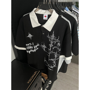 ooohmygo亚文化荆棘印花POLO领短袖男夏季街头风宽松华夫格T恤潮