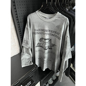 潮牌宽松街头小众上衣 T恤男秋季 ooohmygo美式 喷脏做旧假两件长袖