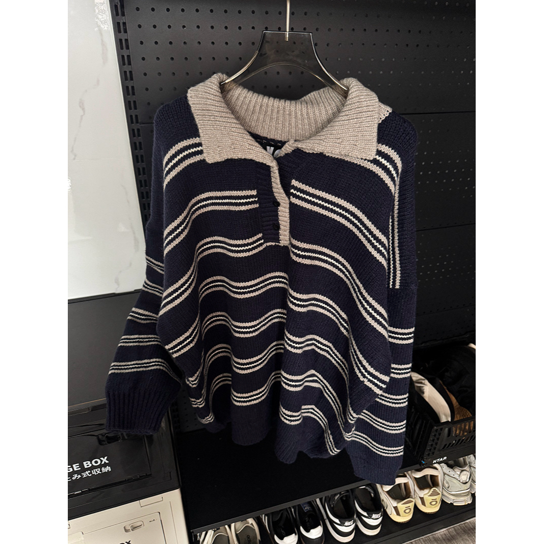 美式复古撞色条纹毛衣男女宽松