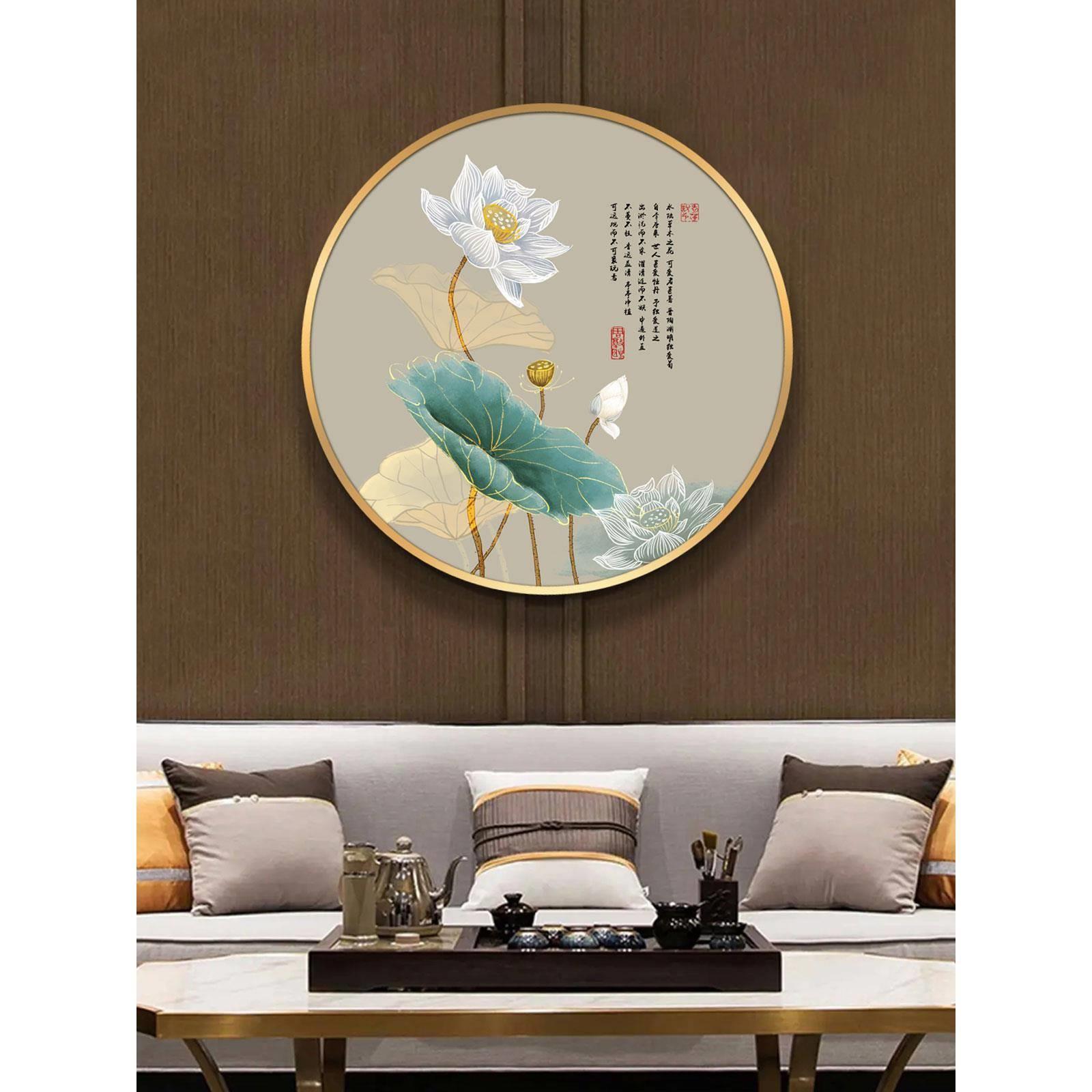 新中式荷花玄关装饰画茶室餐厅走廊莲花禅意挂画圆形客厅背景墙画图片