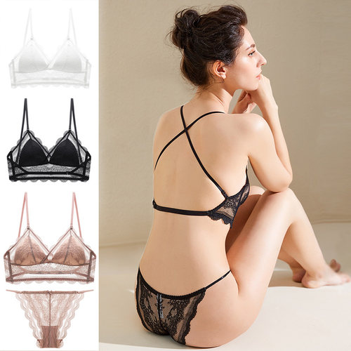 蕾丝露背挂脖交叉带文胸套装新款