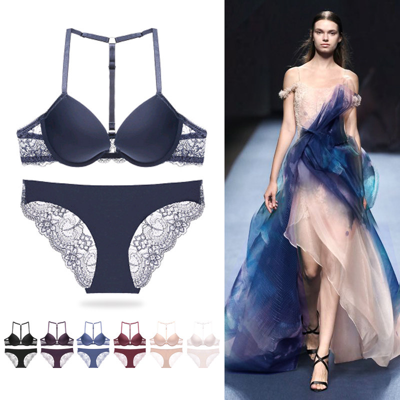 法式超薄性感前扣文胸套装小胸聚拢内衣女美背上薄下厚大码胸罩夏