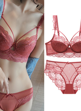 本命年文胸套装红色性感蕾丝薄款聚拢上托大胸显小d新娘结婚内衣e