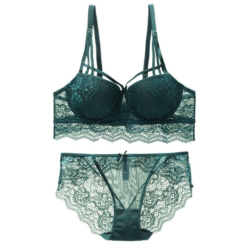 欧美蕾丝性感内衣裤红熟女上薄下厚墨绿色聚拢文胸套装夏季奶罩女