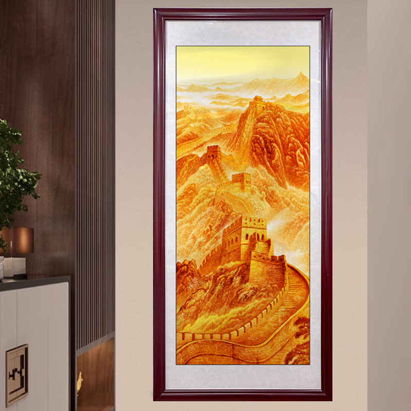 金色万里长城画靠山图招财山水玄关装饰画客厅竖版过道走廊壁挂画