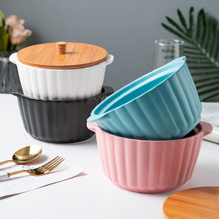北欧泡面碗带盖陶瓷学生宿舍可爱大号面碗 家用方便面双耳汤碗