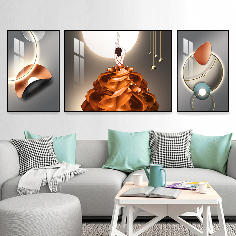 客厅装饰画现代简约沙发背景墙免打孔三联画人物创意卧室晶瓷挂画图片