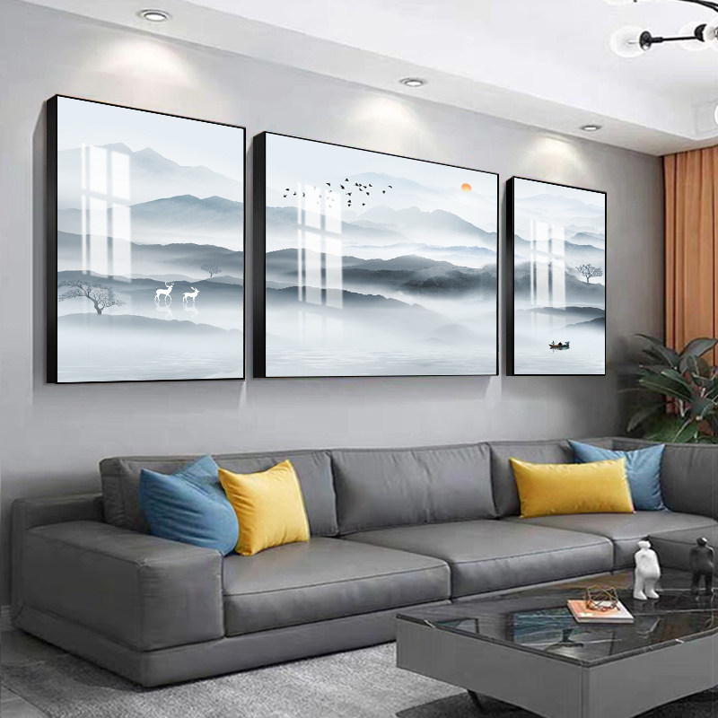 现代简约客厅装饰画沙发背景墙山水挂画大气电视墙三联画壁画墙画