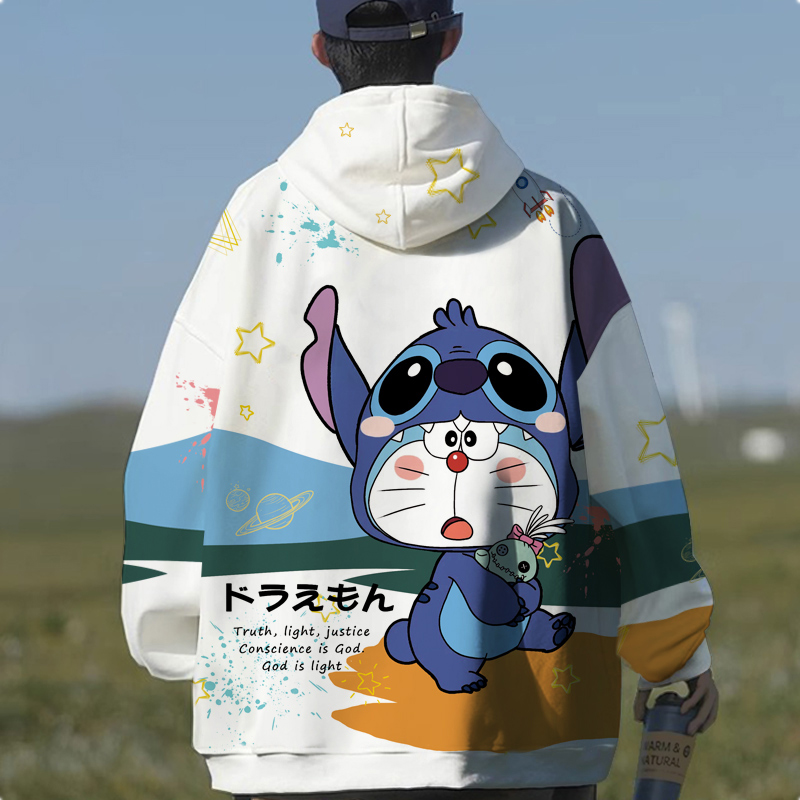 哆啦A梦史迪仔联名动漫周边男女情侣款连帽卫衣秋季新款宽松大码